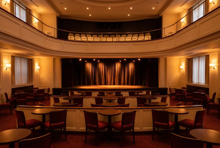 Illustration: an empty show lounge with three tiers of small round tables facing a lit stage with dark curtains, and a curved balcony of seats above.